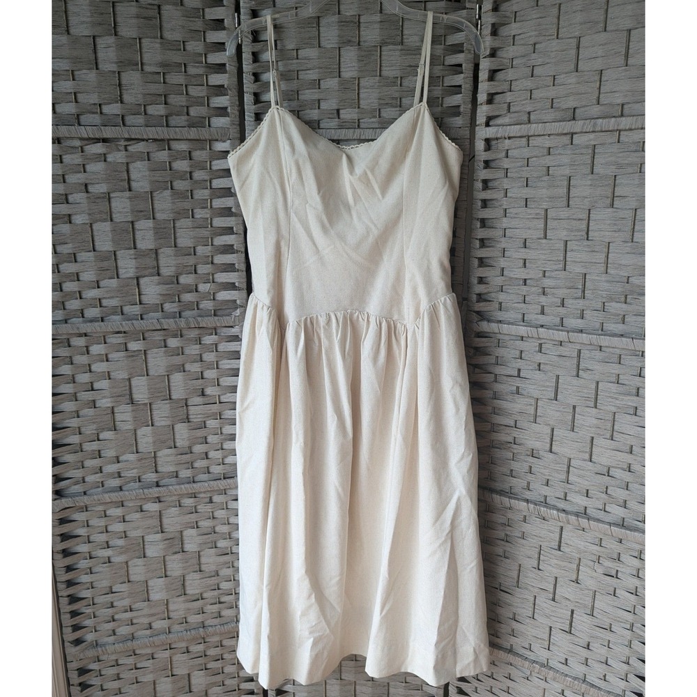 All in Favor Cream Linen Blend Midi Dress‎ Crochet Trim Balletcore Womens Sz L